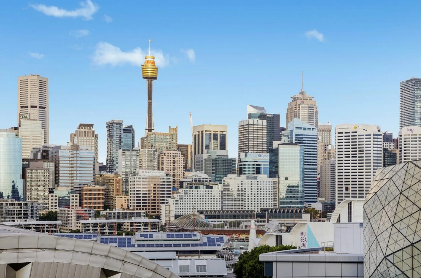 The Sydney city skyline and Sydney Tower seen from Pyrmont, across Darling Harbour